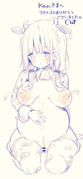 bar_censor big_breasts blush breasts_out cow_ears cow_girl cow_horns cow_print cowbell embarrassed erect_nipples hinako_note lactation long_hair looking_at_viewer march-bunny monochrome pregnant pussy sakuragi_hinako sitting sketch thick_thighs thighhighs twintails vulva wide_hips