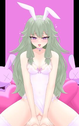 1boy 1girls blush blush_lines breasts bunny_ears bunnysuit collar collar_tag cowgirl_position cum cum_in_pussy cum_inside easter female green_hair heart-shaped_pupils kamishiro_rui kusanagi_nene male open_mouth project_sekai purple_eyes pussy rabbit_hole_(vocaloid) riding small_breasts straddling straight thighhighs vaginal_penetration