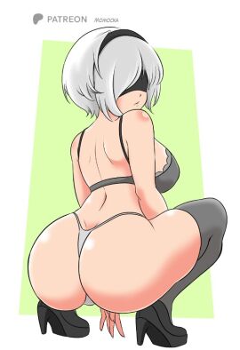 ass big_ass big_breasts bra breasts female grey_hair high_heels momocka_art nier:_automata panties square_enix thighhighs underwear yorha_2b