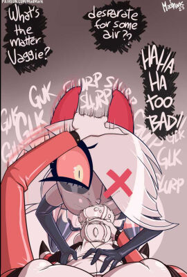 1futa 1girls asphyxiation balls breasts canon_couple charlie_morningstar charlie_morningstar_(hazbin_hotel) clothed clothing deepthroat dialogue duo english_text erection faceless_character faceless_futa female futa_on_female futa_pov futanari giver_pov grey_skin hazbin_hotel high-angle_view huge_cock humanoid intersex irrumatio kneeling long_hair long_penis madmark mostly_clothed penis penis_out pov standing text thighhighs vaggie_(hazbin_hotel) vivienne_medrano warts warty_penis white_hair