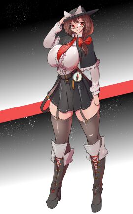 big_breasts breasts brown_hair female garter_straps glasses greenm hat renko_usami stockings tagme thick thick_thighs touhou usami_renko