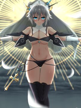 1girls 2d 2d_(artwork) belly belly_button blue_eyes blush bra breasts cleavage date_a_live exposed_torso female honjou_nia light-skinned_female light_skin looking_at_viewer medium_breasts nun_hat nun_outfit panties short_hair socks solo solo_female thick_thighs thighs white_hair