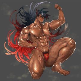 1boy abs armpit_hair arms_up bara beard_stubble beefy big_areola big_breasts black_hair blank_background blue_eyes breasts clenched_hand dark_skin erect_nipples feet flowing_hair g-string grey_background hi_res kneeling leg_hair long_hair male male_only multicolored_hair muscles muscular muscular_arms muscular_ass muscular_legs muscular_male muscular_thighs nipples original original_character pecs ponytail pubic_hair red_hair scar scar_on_arm scar_on_chest scar_on_face scar_on_neck scar_on_nose scar_on_stomach scar_on_thigh scars_all_over shina_(mjaldrarland) simple_background six_pack smile sparkles steam steaming_body sweat sweatdrop thick_eyebrows thick_neck thick_thighs thong toes underwear_only veiny_arms veiny_belly veiny_legs veiny_muscles yaoi