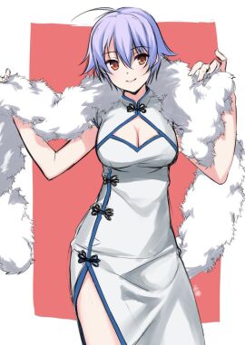 alternate_costume breasts canon_genderswap china_dress chinese_clothes cleavage cleavage_cutout feather_boa female female_only fully_clothed fur_stole genderswap genderswap_(mtf) ginko_sakata gintama gintoki_sakata kunaiuri light-skinned_female light_skin looking_at_viewer medium_breasts not_porn pale-skinned_female pale_skin red_eyes rule_63 safe safe_for_work sfw short_hair side_slit smile solo stole very_short_hair white_hair