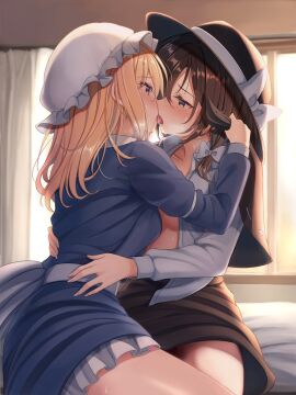 2girls bed bed_sheet black_capelet blonde_hair blush bow breasts brown_eyes brown_hair capelet commentary curtains dress fedora female french_kiss fumei_(mugendai) hairbow hat hat_bow highres kissing long_sleeves looking_at_another maribel_hearn medium_breasts medium_hair mob_cap multiple_females multiple_girls open_mouth renko_usami ribbon-trimmed_capelet shirt short_hair sitting skirt touhou unbuttoned unbuttoned_shirt usami_renko white_bow white_headwear white_shirt window yuri