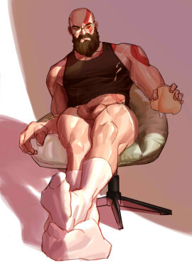 bald bald_male bara beard bottomless daddy dilf facial_hair gay glasses god_of_war kratos male male_focus male_only masculine_male mature_male muscles muscular muscular_legs muscular_male muscular_thighs older_male post_masturbation red_markings seanhexiao sitting_on_chair socks tank_top tank_top_only thick_thighs white_body white_skin white_socks yaoi