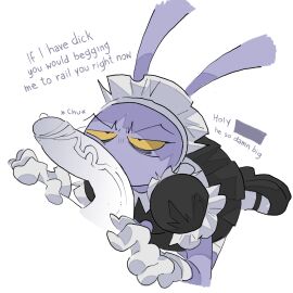 2025 4_fingers absurd_res anthro big_penis black_eyes clothed clothing crossdressing dialogue digital_drawing_(artwork) digital_media_(artwork) disembodied_penis duo english_text eye_bags fingers fur genitals glitch_productions gloves grammatical_error handwear hi_res imminent_fellatio imminent_oral imminent_sex jax_(tadc) lagomorph leporid long_ears maid_headdress maid_uniform male male/male mammal penis purple_body purple_fur rabbit real_saming simple_background text the_amazing_digital_circus uniform white_background white_clothing white_gloves white_handwear yellow_sclera