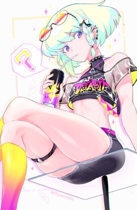 androgynous bulge femboy fully_clothed lio_fotia male oyasaiiis promare sitting_on_glass slim_waist solo suggestive thick_thighs thin_waist twink