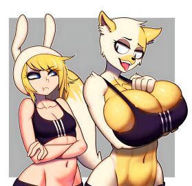 2023 2023s 2girls adventure_time anthro belly_button big_breasts big_eyes black_eyes blonde blonde-haired_female blonde_hair blue_eyes breast_envy breasts cake_the_cat cartoon_network cat_ears cat_girl catgirl cleavage clothed clothing dogiflan feline female female_focus female_only fionna_and_cake fionna_campbell fionna_the_human_girl furry furry_breasts furry_female hbo_max human human_female medium_support_(meme) meme navel simple_background squeezing squeezing_breast tail teeth tongue tongue_out topwear
