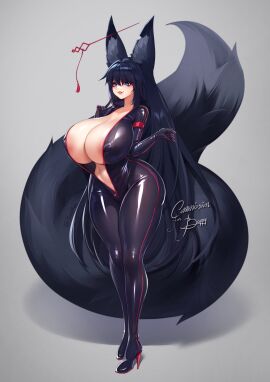 1girls areolae black_fur black_hair blue_eyes bodysuit breasts ear_fluff ear_piercing female fluffy_ears fluffy_tail fox_ears fox_girl fox_tail high_heels huge_breasts huge_tail kiri_(sub-res) kitsune latex nipples_visible_through_clothing open_bodysuit tagme thick_thighs tomathao voluptuous wide_hips