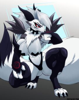 1girls anthro armwear arskie198 bandai_namco big_breasts breasts bridal_gauntlets canid canid_demon canine clothing collar crossover cute_fangs demon digimon digimon_(species) ear_piercing ear_ring fangs female fur furry hellhound helluva_boss hybrid legwear looking_at_viewer loona_(helluva_boss) mammal mythological_canine mythological_creature mythology nipple_pasties nipple_tape occult_symbol pasties pentagram piercing pupils red_sclera renamon ring_piercing slit_pupils solo spiked_collar spikes symbol tail tape teeth thick_thighs thigh_highs white_body white_fur wide_hips wolf wolf_girl