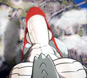 anthro balls bara big_balls big_muscles big_penis blue_eyes bulge clothing digital_media_(artwork) dominant dragon erection first_person_view genitals grey_body hi_res huge_cock humanoid_genitalia humanoid_penis kardukk kardukk_(artist) kobold macro macro_pov male male/male multicolored_body muscles muscular muscular_anthro muscular_male mythological_creature mythological_scalie mythology pecs penis red_clothing red_speedo red_swimwear reptile scalie shaded simple_background solo speedo swimwear two-tone_body underwear white_body yaoi