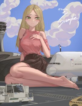 1boy 1girls airplane airport anime_style bare_shoulders barefoot black_skirt blonde_hair blus blush breasts brown_skirt building car city cityscape clouds copyright_request daytime eyebrows_visible_through_hair feet female giantess green_eyes illustration landscape large_breasts legs long_hair macrophilia male pixiv proposal red_shirt ring signature sky taxi tiny_person toes tower vehicle vehicles yukiale
