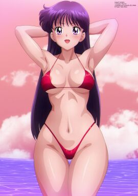 alluring armpits bare_legs beach big_breasts bikini bishoujo_senshi_sailor_moon breasts female highres magical_girl navel nipples pinup purple-haired_female purple_eyes purple_hair red_swimsuit rei_hino sailor_mars small_breasts swimsuit tagme teenage_female underboob zel-sama