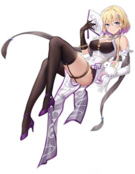 animal asymmetrical_gloves azur_lane bare_shoulders black_background black_gloves black_thighhighs blonde_hair blue_eyes blush braid breasts cg china_dress chinese_clothes cleavage cleavage_cutout closed_mouth clothing_cutout covered_navel crossed_legs cup dress earrings elbow_gloves female folding_fan framed_breasts full_body garter_straps gloves gradient_hair hair_between_eyes hair_ornament hand_fan high_heels holding holding_fan invisible_chair jewelry large_breasts long_hair looking_at_viewer marblehead_(azur_lane) marblehead_(moongazing_on_the_29½th)_(azur_lane) mismatched_gloves multicolored_hair official_alternate_costume official_art pelvic_curtain purple_footwear purple_hair rabbit short_hair_with_long_locks side_slit simple_background single_elbow_glove sitting sleeveless sleeveless_dress smile solo thighhighs thighs transparent_background two-tone_hair white_dress white_gloves