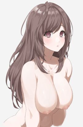 big_breasts blush breasts brown_eyes brown_hair female female_focus female_only full_lips grey_background idolmaster idolmaster_shiny_colors kaminari_doon large_breasts leaning_forward long_hair looking_at_viewer nude simple_background topless tsukioka_kogane upper_body