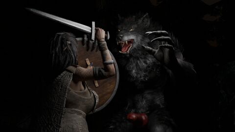 2025 3d 3d_(artwork) anthro blender_(artwork) canid canine canis clothed clothed_female clothing danger deity digital_media_(artwork) duo female feral freya_(god_of_war) god_of_war hi_res male male/female mammal melee_weapon mythological_canine mythological_creature mythology shield weapon werecanid werecanine werecreature werewolf wolf yefikef713