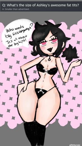 ashley_graves big_hips bikini black_hair breasts child_bearing_hips curvy female pale_skin petite_female pink_eyes puddinpuddgi small_breasts smug_face stylized supersludge text the_coffin_of_andy_and_leyley thick_thighs toony wide_hips