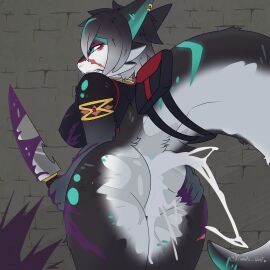 absurd_res accessory after_rape after_sex after_tentacle_sex angry anthro ass bag bodily_fluids bracelet clothed clothing colored_blood cum cum_expulsion cum_from_ass cum_from_pussy cum_in_ass cum_in_pussy cum_inside cum_on_face ear_piercing ear_ring female fur furgonomics furred_kobold furred_scalie genital_fluids glowing glowing_eyes hand_on_ass hand_on_butt hand_on_own_butt hi_res holding_melee_weapon holding_object holding_weapon jewelry kobold malachite_(prismatic_wolf) melee_weapon necklace pantsless partially_clothed piercing presenting presenting_hindquarters prismatic_wolf purple_blood pussy rear_view ring_piercing scalie scar solo stretching_butt sword tail tail_accessory tail_bag unusual_blood unusual_bodily_fluids vaginal_fluids weapon