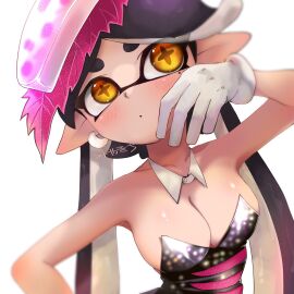 1girls big_breasts blush breasts callie_(splatoon) cleavage detached_collar earrings female gloves hair inkling inkling_girl long_hair nintendo not_porn pointy_ears sfw solo splatoon tentacle tentacle_hair ura_mya_pain white_gloves yellow_eyes