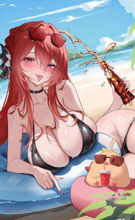 azur_lane bare_shoulders beach bikini bird black_bikini black_choker blue_sky blush bottle braid breasts cg choker cleavage collarbone day eyewear_on_head female hair_between_eyes heart heart-shaped_pupils holding innertube large_breasts long_hair looking_at_viewer lying manjuu_(azur_lane) monarch_(azur_lane) monarch_(sovereign_of_the_beach)_(azur_lane) ocean official_alternate_costume open_mouth outdoors pouring_onto_self red_eyes red_hair red_nails sky solo sunglasses swim_ring swimsuit tongue tongue_out water wet
