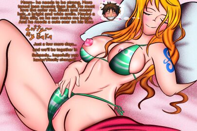1girls anus ass big_ass big_breasts bikini blush breasts breasts_insertion clothing female female_only fingering fingering_self fingers flores huge_ass huge_breasts lipstick_mark long_hair looking_down moaning monkey_d_luffy nami_(one_piece) one_piece orange_hair penetration pillow_shading pre-timeskip pussy sleeping striped_bikini tattoo text vaginal_masturbation vaginal_penetration