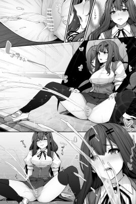 2girls black_thighhighs blush breasts censored closed_eyes demon female hair hair_ornament heart kokomachi long_hair no_panties on_the_floor open_mouth original original_character peeing pussy saliva school_uniform skirt skirt_lift spread_legs succubus tears thighhighs urination urine yuri