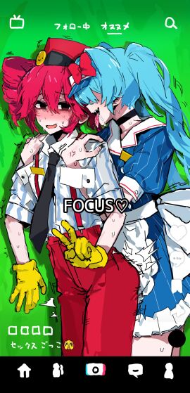 2girls anger_vein apron bent_v black_choker blue_dress blue_hair blue_shirt blush bow brown_eyes choker cowboy_shot dress drool dry_humping dubious_consent emoji empty_eyes faceless faceless_female female female_only green_screen hair_between_eyes hair_over_eyes hat hat_bow hatsune_miku hug hug_from_behind humping kasane_teto long_bangs long_hair looking_at_viewer mekyokyopon mesmerizer_(vocaloid) mesmerizer_miku mesmerizer_teto multiple_females multiple_girls mv_character nose_blush open_mouth pants pink_hair puffy_short_sleeves puffy_sleeves red_bow red_hat red_pants shako_cap sharp_teeth shirt short_hair short_sleeves smile striped_clothes striped_shirt suspenders teeth tongue tongue_out twintails visor_cap vocaloid waist_apron white_apron white_shirt wrist_cuffs yuri