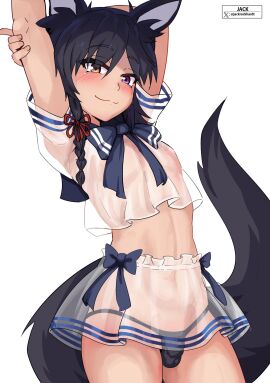 1boy 2024 arm_behind_head arms_up black_hair blush braid bulge commission female femboy fox_boy fox_ears fox_tail girly heterochromia hi_res jackrockhardt light-skinned_female light_skin looking_at_viewer male male_only penis purple_eyes ribbon ribbons sailor_uniform see-through see-through_clothing small_penis smile smiling_at_viewer smug solo stretching tail thong white_background yellow_eyes