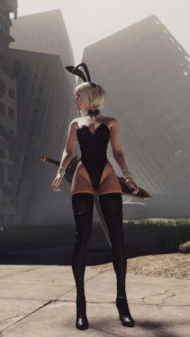 1girls 3d artist_request blindfold bob_cut bowtie_collar bunny_ears bunny_girl bunnysuit female female_only gameplay gameplay_screenshot high_heel_boots high_heels highleg_leotard hourglass_figure ingame_model leotard mod nier:_automata nier_(series) playboy_bunny short_hair slim_waist solo stockings strapless_leotard sword tagme thigh_boots thighhighs unknown_artist video_game weapon white_hair wide_hips yorha_2b
