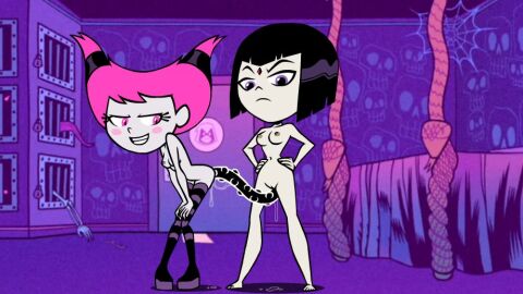 2girls accurate_art_style almost_naked alternate_version_available bedroom black_hair dc dc_comics female female_only jinx_(dc) multiple_females multiple_girls pink_eyes pink_hair purple_eyes raven_(dc) stockings teen_titans teen_titans_go teenage_female teenager thighhighs white_body zone