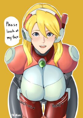 1girls 2024 2d 2d_(artwork) alia blonde_hair blue_eyes blush bouncing_breasts breast_focus breasts capcom clothed clothed_female english_text female female_only fully_clothed headgear light-skinned_female light_skin looking_at_viewer mega_man mega_man_x open_mouth orange_background questionable solo solo_female solo_focus taikikun talking_to_viewer text tk