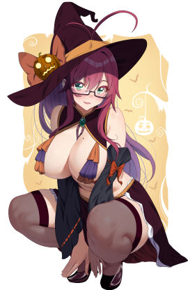 absurdres ahoge akihiro0920 black_dress black_thighhighs blush bow breasts cleavage commentary_request detached_sleeves dress female glasses green_eyes halloween halloween_costume hat hat_bow highres jack-o'-lantern kimi_no_koto_ga_dai_dai_dai_dai_daisuki_na_100-nin_no_kanojo large_breasts long_hair looking_at_viewer mole mole_on_breast orange_bow red_hair semi-rimless_eyewear sidelocks smile solo squatting thighhighs under-rim_eyewear white_background witch_hat yakuzen_kusuri yakuzen_kusuri_(older)