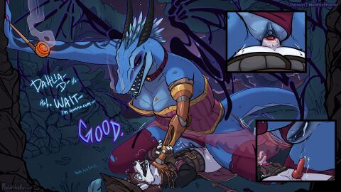 2024 animal_genitalia animal_penis anthro biped blue_body blue_pussy bodily_fluids bottomless bottomless_anthro bottomless_male breasts canid canine canine_genitalia canine_penis canis cleavage close-up clothed clothing corset cum cum_in_pussy cum_inside dialogue digital_media_(artwork) duo english_text eyeshadow female female_anthro female_on_top female_penetrated fur genital_close-up genital_fluids genitals hat headgear headwear hi_res horn humanoid_genitalia humanoid_pussy larger_female larger_penetrated lingerie makeup male male/female male_anthro male_on_bottom male_penetrating male_penetrating_female mammal meldritchhorror on_bottom on_top outside_sex penetration penile penile_penetration penis penis_in_pussy prosthetic prosthetic_arm prosthetic_limb pussy red_penis reptile scalie sex sheath size_difference smaller_male smoking_pipe text topwear vaginal_penetration white_body white_fur white_sheath wolf