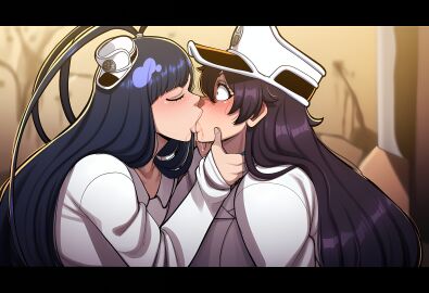 1boy 1girls ai_generated bambietta_basterbine blackwhiplash_(style) bleach bleach:_the_thousand-year_blood_war drool female femboy femboy_on_female giselle_gewelle hand_on_neck kissing shocked shocked_expression shocked_eyes wet_kiss