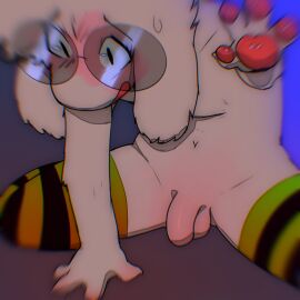 1boy 2d anthro anthro_male anthro_only ass balls blurred_foreground blush bodily_fluids bovid caprine clothing deltarune digital_media_(artwork) distressed embarrassed flaccid fur furry furry_male furry_only genitals goat hair hi_res humanoid humanoid_male humanoid_only kneeling kranson male male_only mammal mammal_humanoid nude penis raised_hand ralsei ralsei_with_white_fur simple_background solo tail undertale_(series) white_body white_fur