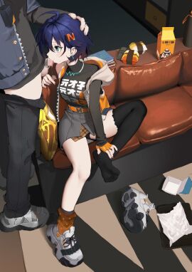 1boy 1girls absurdres asymmetrical_legwear belle_(zenless_zone_zero) blowjob blue_hair brother brother_and_sister censored clothed clothing cum cum_in_mouth dark_blue_hair ear_piercing feet fellatio female guangmi_(pixiv_2632623) hair_ornament hand_on_another's_head hand_on_hip highres incest jacket jewelry kentllaall male mosaic_censoring necklace older_brother open_clothes open_jacket oral out_of_frame penis penis_out piercing short_hair siblings single_thighhigh sitting tag_conflict thighhighs wise_(zenless_zone_zero) younger_sister zenless_zone_zero