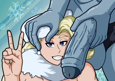 1boy 1girls blonde_hair blue_skin dorosh female huge_cock human machamp male male/female male_pokemon/female_human melony_(pokemon) milf peace_sign penis pokemon pokemon_(species) pokephilia