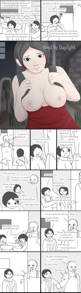 ada_wong breasts breasts_out bred_by_daylight bribe comic dead_by_daylight demonettem dialogue dubious_consent evan_macmillan exhibitionism female female_focus jake_park looking_at_viewer male pov pov_eye_contact presenting presenting_breasts rejection resident_evil text the_trapper