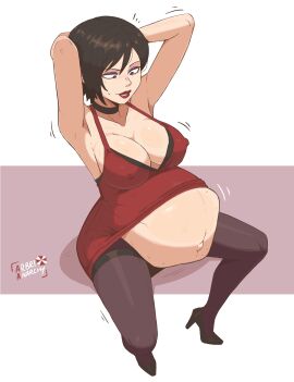1girls ada_wong arbrianarchy big_belly exposed_belly fetal_movement hands_behind_head kicking_(pregnancy) lipstick pregnant pregnant_female red_dress resident_evil resident_evil_4 resident_evil_4_remake