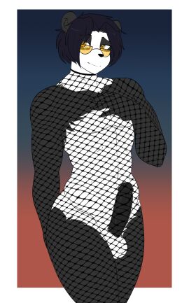 alpha_channel anthro balls bear biped blue_background clothing erection eyewear fingers fishnet_clothing functionally_nude_male genitals giant_panda glans glasses gradient_background hair hi_res humanoid_genitalia humanoid_penis male mammal munkeesgomu orange_background penis solo transparent_background