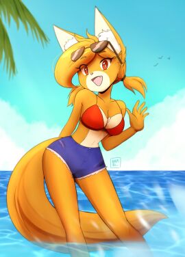 anthro bikini_top bright_(namrii_) clothed ear_tuft fox furry furry_ears jean_shorts looking_at_viewer namrii not_porn oc old_bright_(namrii_) tagme waving