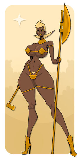 2d 2d_(artwork) armband armor battle_axe big_ass big_breasts bikini_armor blind_eye blonde_hair blonde_pubic_hair breasts dark-skinned_female dark_skin debella female female_only gold_armor gold_chain gold_weapon halberd heart_shaped_pubes high_heels looking_at_viewer orange_eyes polearm pubic_hair scar_across_eye scar_on_face thick_thighs thigh_strap thin_waist weapon