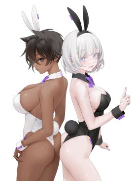 2girls absurd_res absurdres ass ass_cleavage ass_crack ass_press back bare_ass bare_back bare_butt bare_chest bare_hands bare_hips bare_legs bare_shoulders bare_thighs belly black-haired_female black_bunny_ears black_collar black_hair black_leotard black_wrist_cuffs blue-eyed_female blue_eyes bowtie breasts bunny_ears bunny_girl bunny_tail bunnysuit butt_crack cleavage collar curvy curvy_body curvy_female curvy_figure curvy_hips curvy_thighs dark-skinned_female dark_skin detached_collar dot_nose elbows exposed exposed_arms exposed_ass exposed_back exposed_butt exposed_legs exposed_shoulders exposed_thighs eyebrows_visible_through_hair fake_animal_ears female female_only fingernails fingers hair_between_eyes half_naked high_resolution highres hourglass_figure large_breasts legs leotard light-skinned_female light_skin lips looking_at_viewer male medium_breasts medium_hair micchan_(ohisashiburi) micchan_(ohisashiburi) multiple_females multiple_girls nacchan_(ohisashiburi) nail nail_polish naked naked_female nude nude_female ohisashiburi open_mouth open_mouth_smile original original original_art original_artwork original_character original_characters painted_nails parted_lips playboy_bunny purple-eyed_female purple_bowtie purple_eyes purple_fingernails purple_nail purple_nail_polish purple_nails purple_ribbon ribbon shiny_arms shiny_ass shiny_breasts shiny_butt shiny_legs shiny_shoulders shiny_skin shiny_thighs short_hair shoulders sideboob simple_background slender_body slender_waist slim_female slim_waist slit_pupils smile smiling_at_viewer standing thick_ass thick_thighs thighs thin_waist tomboy tongue upper_body upper_teeth very_short_hair white-haired_female white_background white_bunny_ears white_bunnysuit white_collar white_eyebrows white_hair white_wrist_cuffs wide_hips wrist_cuffs