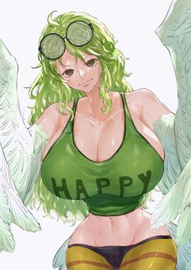 1girls bare_shoulders big_breasts blush breasts clothed clothing color female female_focus female_only glasses green-haired_female green_eyes green_hair harpy hi_res large_breasts light-skinned_female light_skin long_hair looking_at_viewer monet_(one_piece) no_bra one_piece panties sc_scandium shirt shounen_jump solo solo_female tagme thick_thighs wings