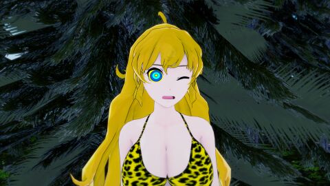 3d bikini blonde_hair breasts female hypnosis kaa_eyes koikatsu large_breasts leopard_print long_hair mind_control mrkoiru one_eye_closed open_mouth outdoors pale_skin resisting rwby surprised the_jungle_book weak_resistance yang_xiao_long