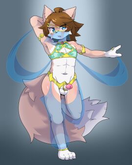 2024 4:5 4_toes accessory ahoge akumu_(nightmareroa) anklet anthro armband athletic athletic_anthro athletic_male balls big_tail biped black_nose blue_clothing blue_eyes blue_legwear blue_pupils blue_veil blush blush_lines brown_hair canid canine claws cleavage_cutout clothing cock_ring countershade_face countershade_fur countershade_torso countershading crop_top crown cutout digit_ring domestic_cat erection eye_through_hair feet felid feline felis femboy finger_claws finger_ring fingers fluffy fluffy_tail fox front_view full-length_portrait fur genitals gerudo_outfit glans gloves_(marking) gold_(metal) gold_jewelry green_clothing green_crop_top green_shirt green_topwear grey_background hair hair_accessory hand_behind_head harem_outfit headgear hi_res humanoid_genitalia humanoid_penis hybrid ineffective_clothing jewelry leg_markings legwear long_tail looking_at_viewer male male_anthro mammal markings medium_hair multicolored_body multicolored_fur narrowed_eyes navel nightmareroa on_one_leg open_mouth penis penis_accessory penis_jewelry pink_blush pink_glans plantigrade portrait pose pupils shirt simple_background socks_(marking) solo standing tail tiara toe_claws toes topwear translucent translucent_clothing translucent_hair translucent_legwear two-tone_body two-tone_fur veil white_balls white_body white_claws white_countershading white_fur white_markings white_penis