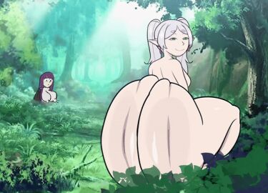 2girls animated ass assquake asstronsfw breasts clapping_ass clapping_cheeks female female_only fern_(sousou_no_frieren) forest forest_background frieren gigantic_ass huge_ass hyper_ass multiple_females multiple_girls nude rippling_ass smug solo_focus sousou_no_frieren thick_ass thick_thighs twerking wide_hips