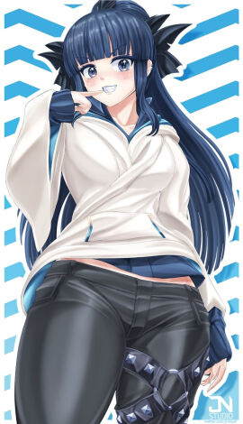 artemis_of_the_blue atelier_live bangs beauty_mark black_pants clothed_female cowboy_shot female hoodie indie_virtual_youtuber jnstudio long_hair mole mole_under_eye ponytail shark_girl shark_teeth sharp_teeth solo thigh_strap virtual_youtuber vtuber white_hoodie