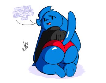 ass blush danno_cal_drawings desperation furry nervous on_knees red_shorts riggy_the_runkey rule_63 spinninswaws tagme_(series) tail teasing text thick_ass toon_turf white_background